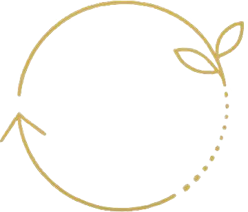 Elegant gold circular arrows icon with a sprout representing sustainable loop and circular economy.