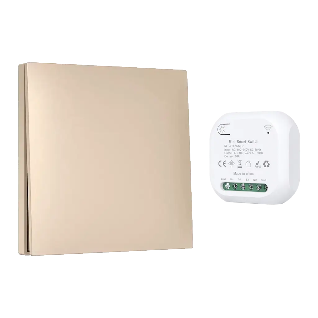 Aurora Gold QX-308FS-1G single-button smart switch with one 306JS wireless receiver, champagne gold finish.