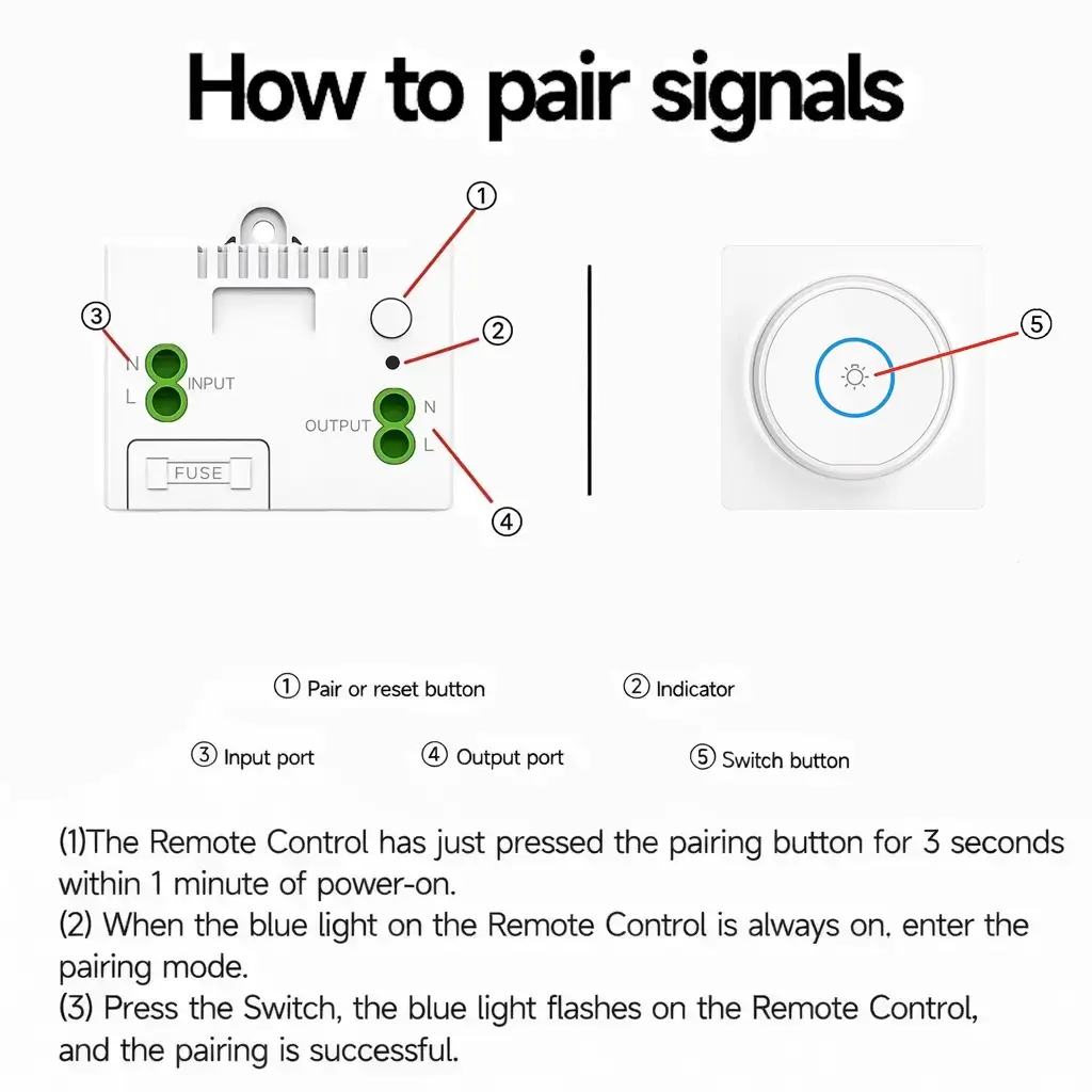 Step-by-step instruction on pairing the Xlazy 304FS circular acrylic switch to the 301JS wireless receiver.