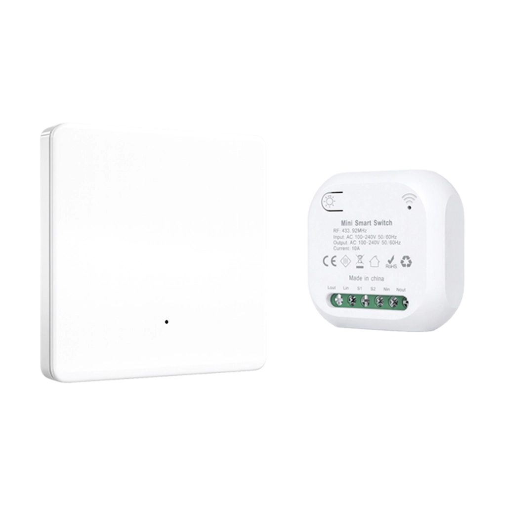 Xlazy white 1-gang 601FS kinetic self-powered switch with one 306JS RF433 receiver, battery-free wall switch.