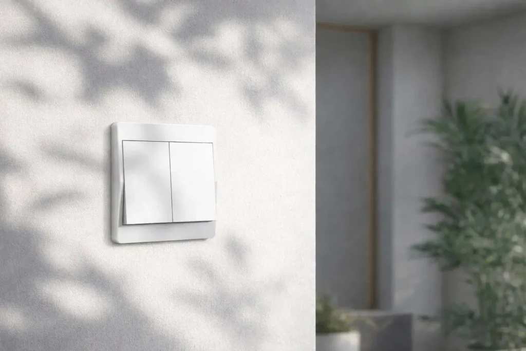 Xlazy white 301FS Type 86 rocker kinetic self-powered wireless switch mounted on a textured wall in a serene minimalist setting with tree leaf shadows.