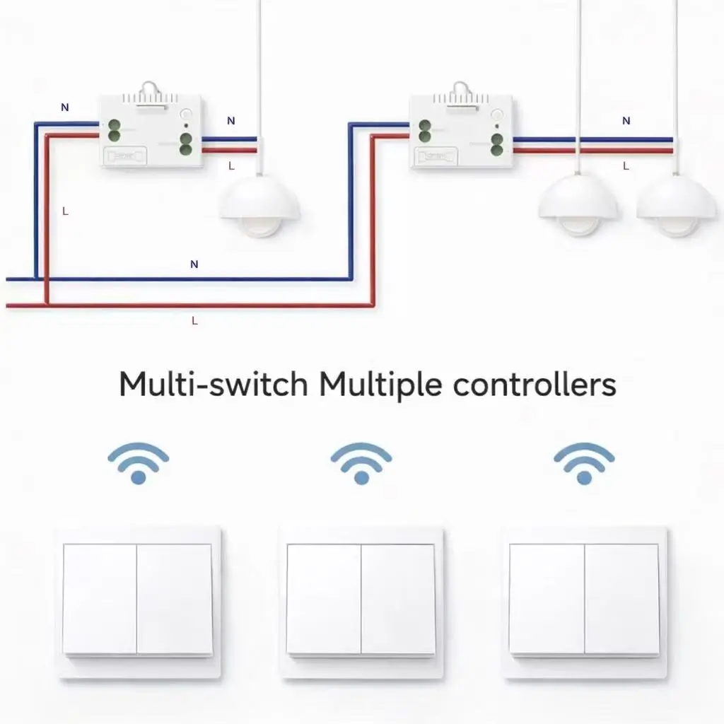 Detailed diagram of 1-to-3 and multi-point wireless control for Xlazy 301FS kinetic switch and 301JS receivers.