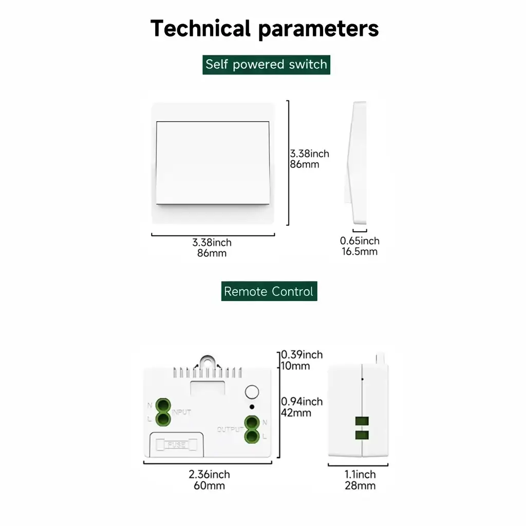Technical diagram showing dimensions of the Xlazy 301FS Class White rocker kinetic self-powered wireless switch (86mm x 86mm x 16.5mm) and 301JS receiver (60mm x 42mm x 28mm), battery-free wall switch.