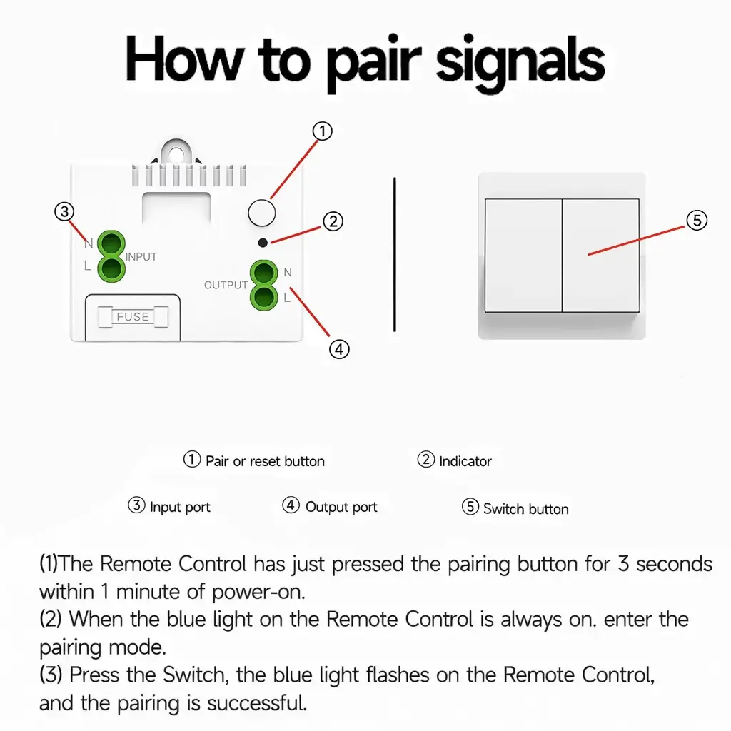 Step-by-step pairing guide for Xlazy 301FS rocker kinetic switch and 301JS wireless receiver.