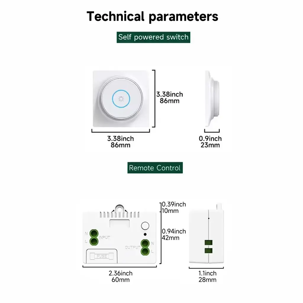 Technical diagram showing dimensions of the Xlazy 304FS white circular acrylic kinetic self-powered wireless switch (86mm x 86mm x 23mm) and 301JS receiver (60mm x 42mm x 28mm).