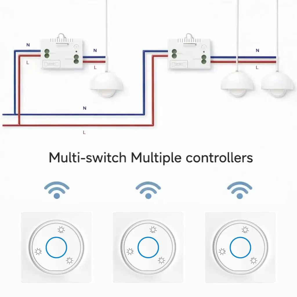Wiring diagram of Xlazy 304FS circular acrylic kinetic switch paired with 301JS receiver in 1-to-1 and 2-to-1 dual control modes.