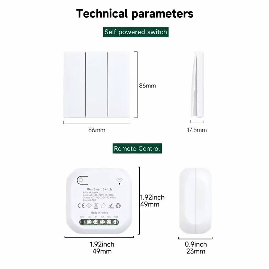Technical diagram showing dimensions of the Xlazy 308FS Aurora Gold kinetic self-powered wireless switch (86mm x 86mm x 17.5mm) and the 306JS mini smart receiver (49mm x 49mm x 23mm).