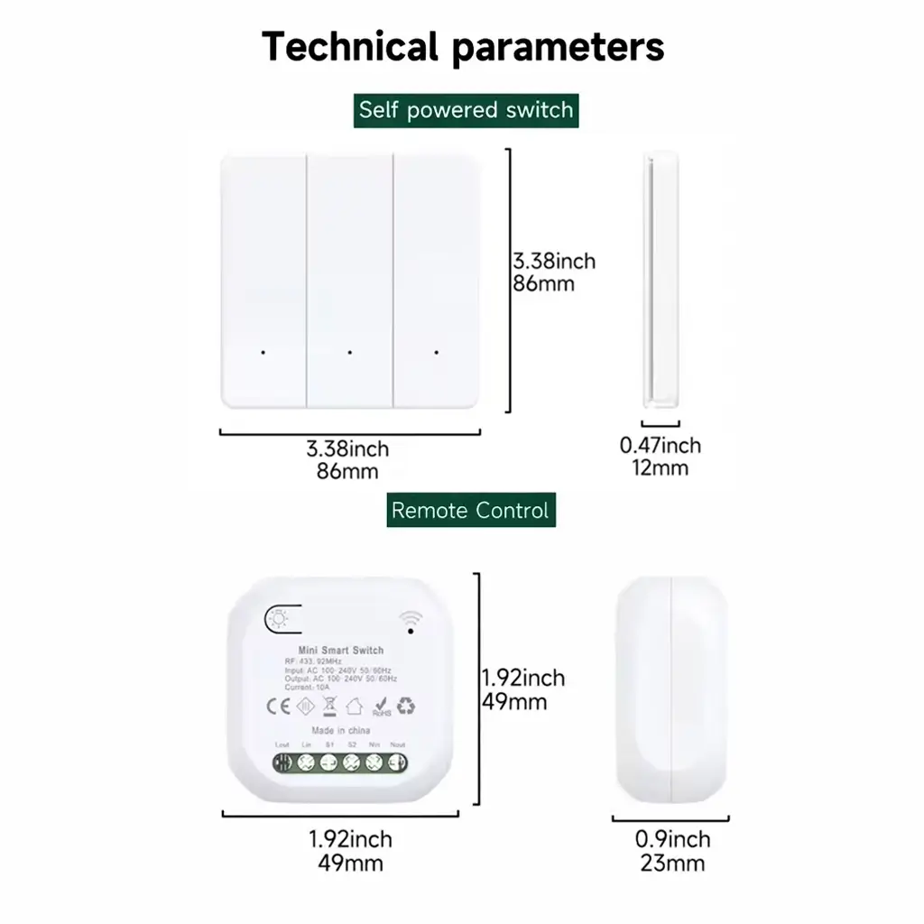 Technical diagram showing dimensions of the Xlazy 601FS Class White rocker kinetic self-powered wireless switch (86mm x 86mm x 12mm) and the 306JS mini smart receiver (49mm x 49mm x 23mm).