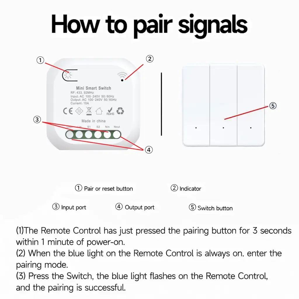 Visual instructions for pairing Xlazy 601FS kinetic self-powered switch with 306JS mini smart receiver.