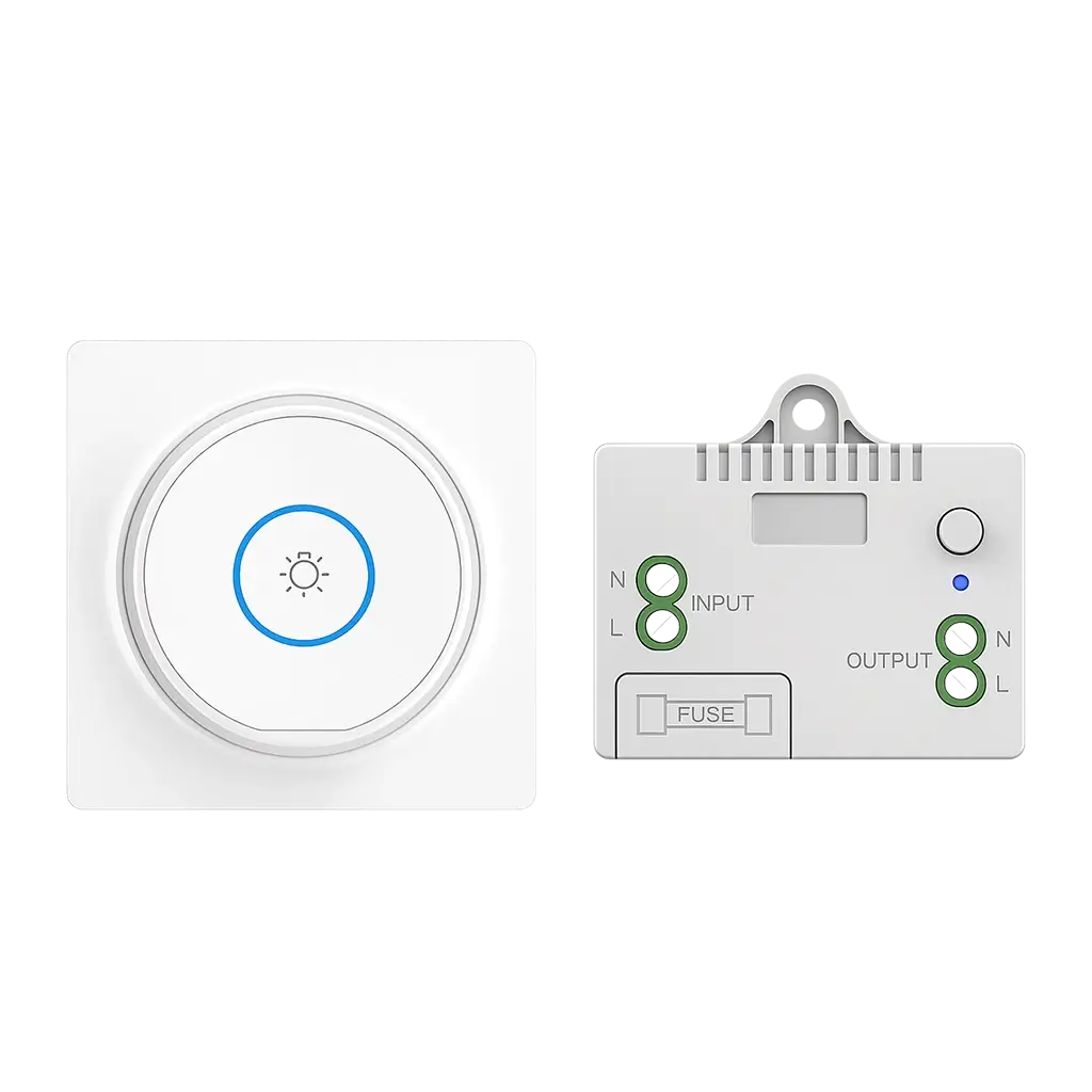 Xlazy white circular acrylic kinetic switch 301FS with 301JS square wireless receiver, battery-free smart lighting control.