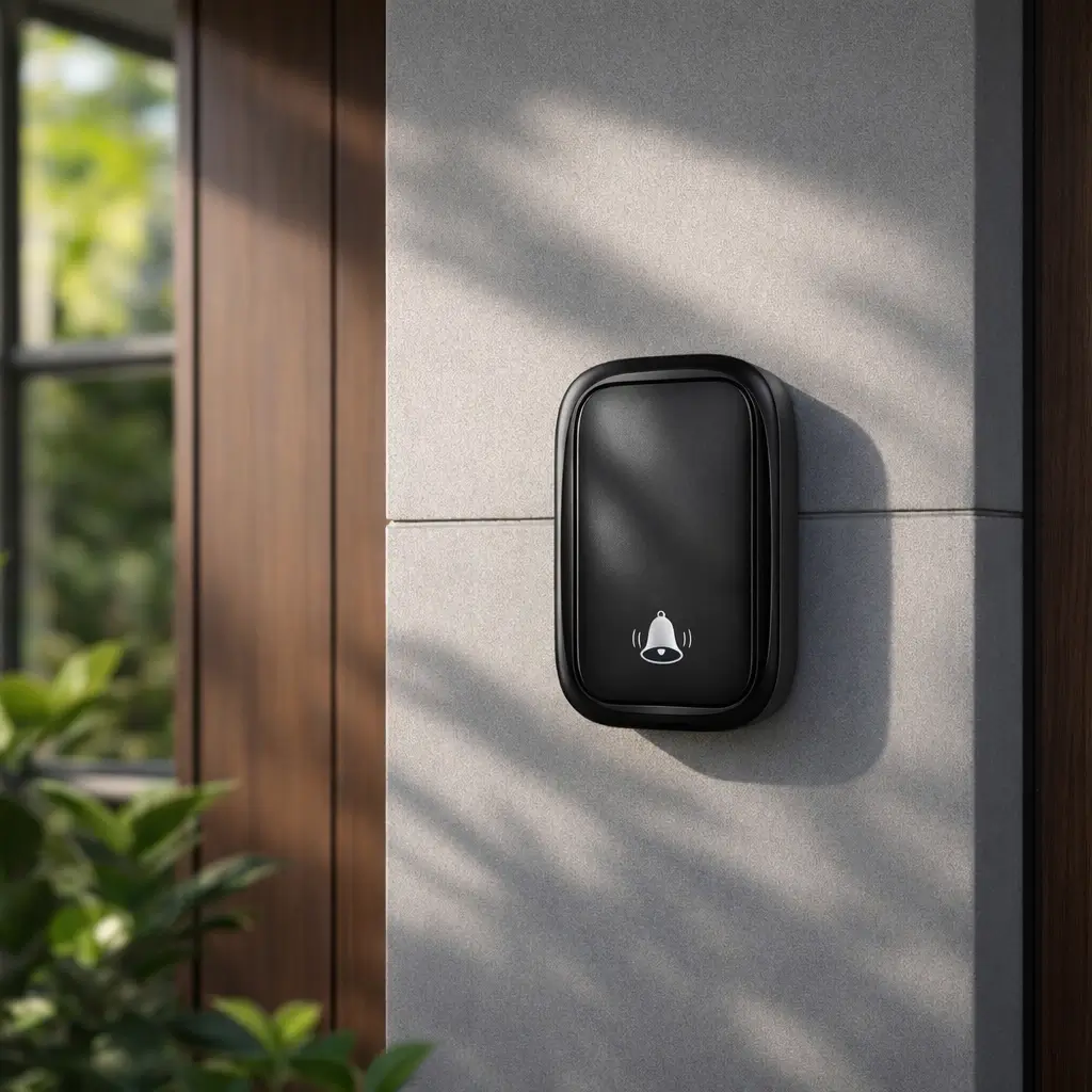 Xlazy Class Black self-powered wireless doorbell with kinetic push button and plug-in receiver, battery-free smart home doorbell system.