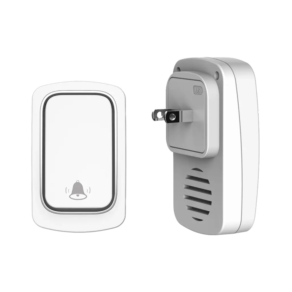 Xlazy QX-001 white kinetic self-powered wireless doorbell kit with one battery-free button and one US plug-in receiver.