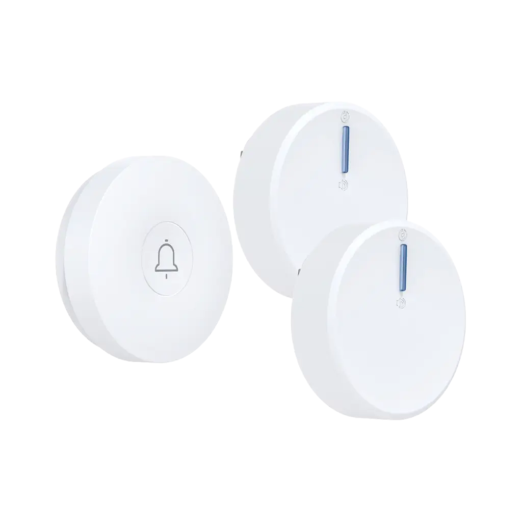 Xlazy QX-003N white circular kinetic wireless doorbell set with one transmitter and two receivers for multi-room coverage.