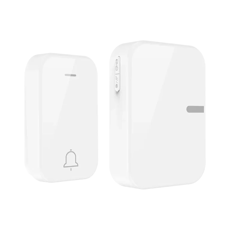 Xlazy QX-008 classic white square-round kinetic self-powered wireless doorbell with one push button and one plug-in receiver.