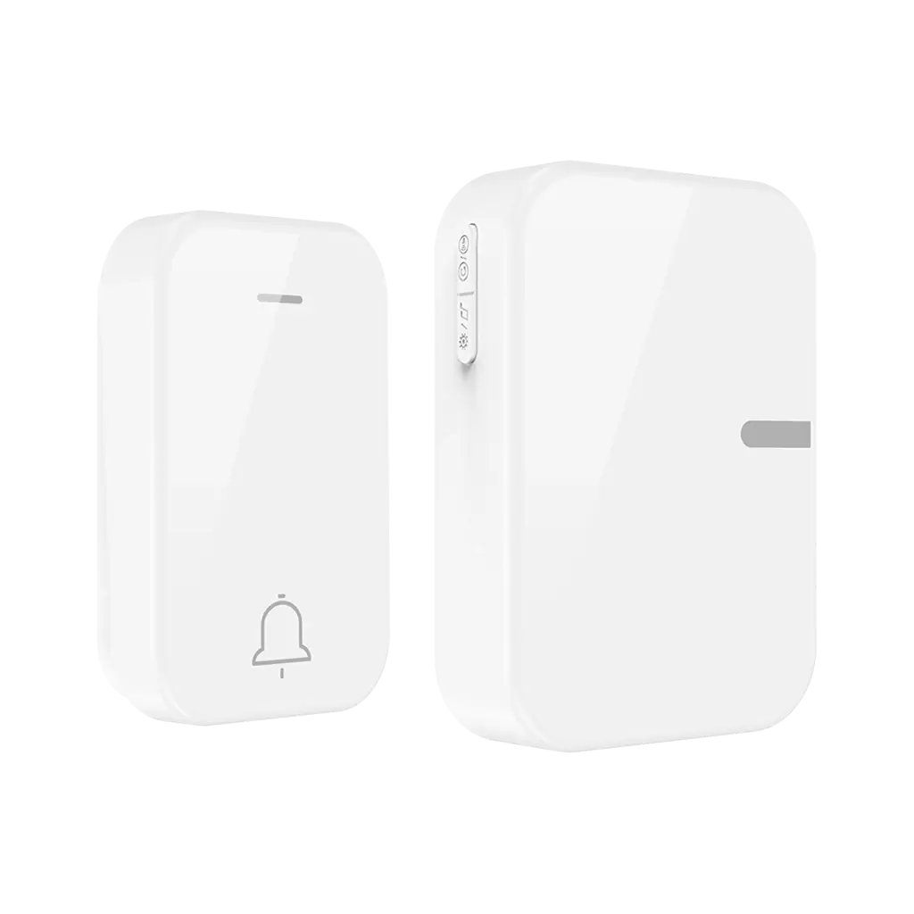 Xlazy QX-008 classic white square-round kinetic self-powered wireless doorbell with one push button and one plug-in receiver.