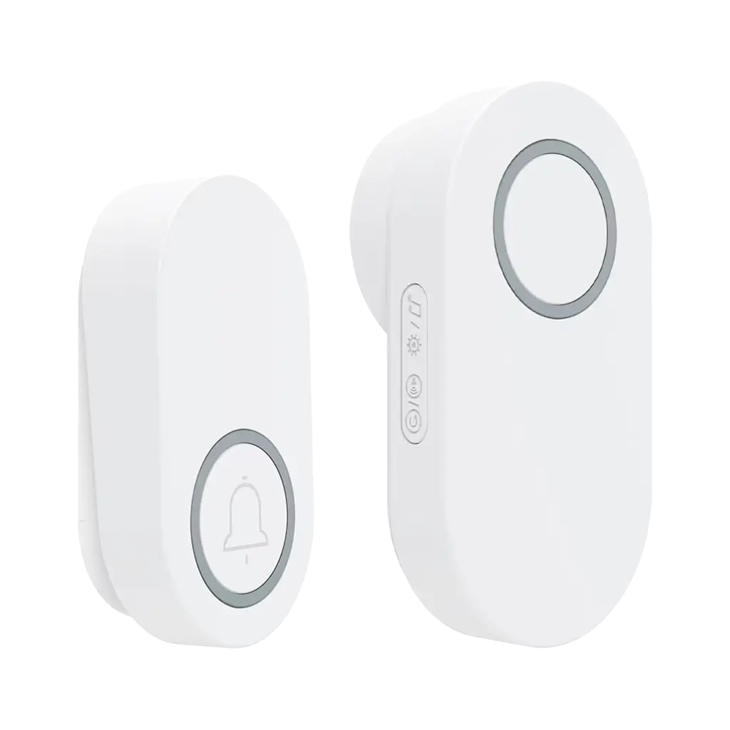 Xlazy QX-009 modern white streamlined kinetic self-powered wireless doorbell with one transmitter and one plug-in receiver.