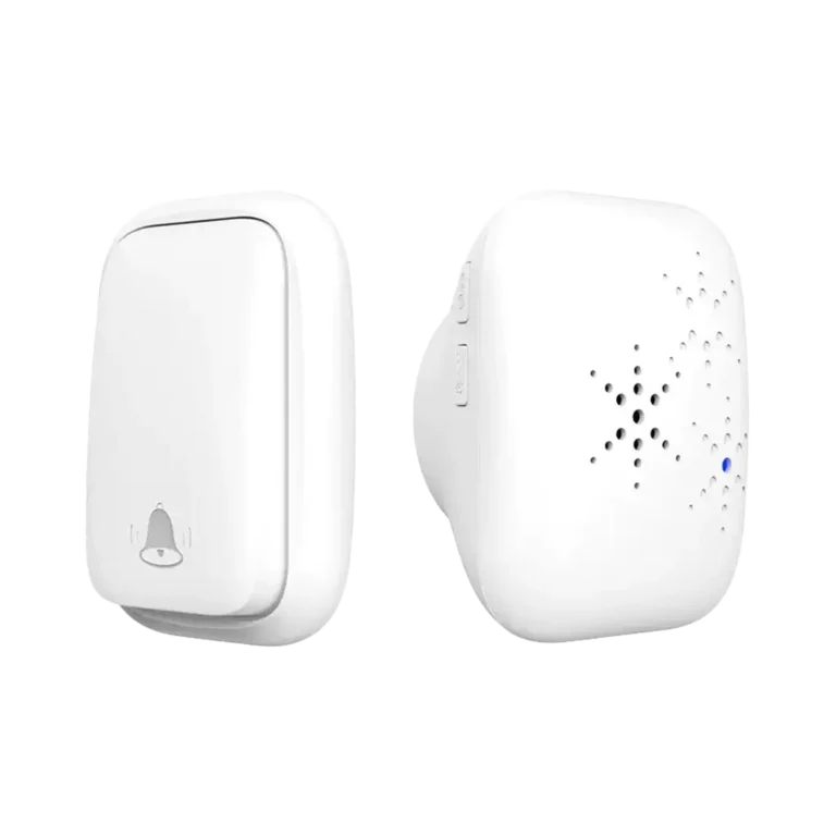 Xlazy QX-002 battery-free wireless doorbell kit including one white kinetic push button and one plug-in chime.