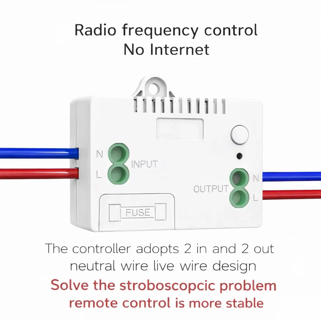 Compact QX-305JS-S kinetic switch receiver wiring diagram with detailed icons for Live Neutral Input Output, and RoHS FSC symbols.