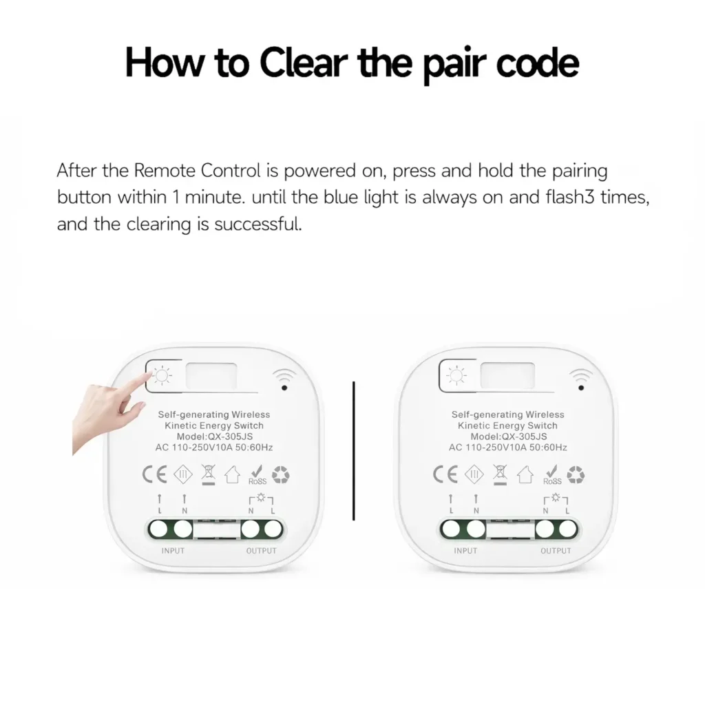 Diagram of resetting tutorial, showing a finger pressing the pairing button for an extended time until the blue light flashes 3 times.