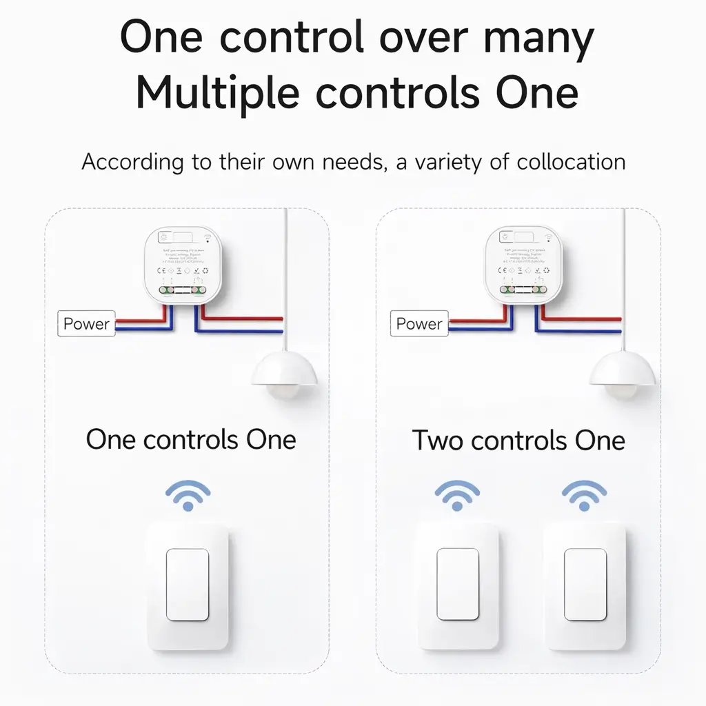 A diagrams showing kinetic switch combinations for One controls One and Two controls One, with wireless signals to the receiver.