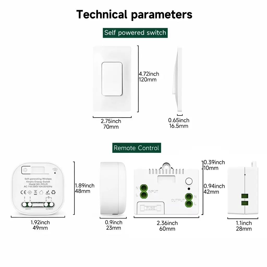 Detailed dimension diagram of QX-305JS and QX-305JS-S kinetic switch receivers in inches and millimeters, showing size details.