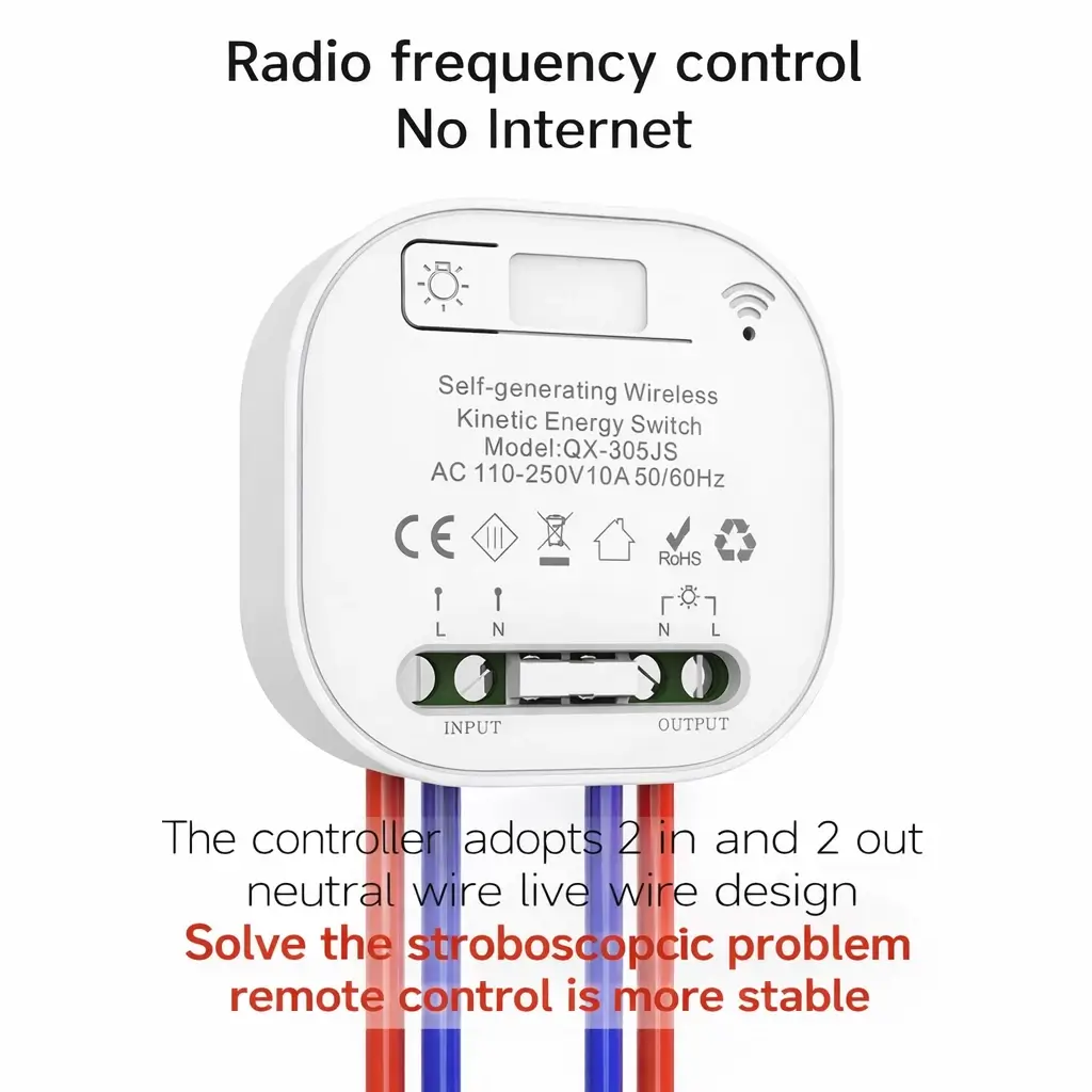 Wiring schematic for QX-305JS kinetic switch receiver showing Input Live & Neutral and Output Live & Neutral wires to solve stroboscopic problems.