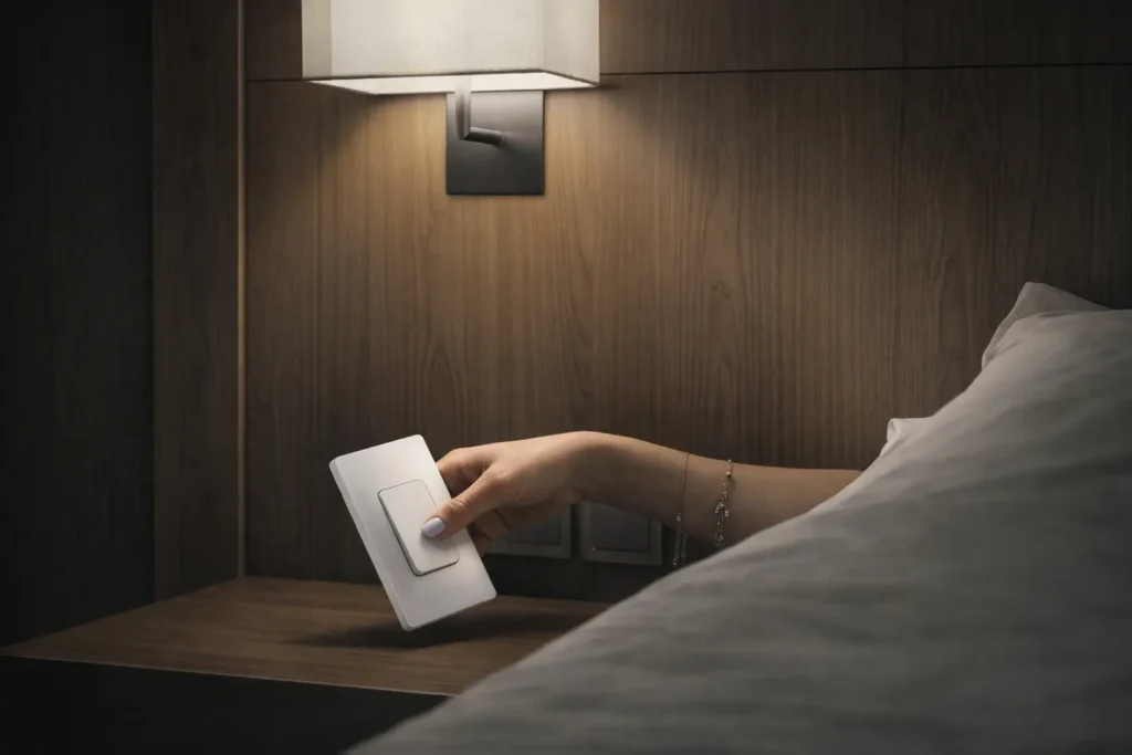 Self-powered wireless light switch with kinetic energy harvesting technology, no battery required white one-gang button.