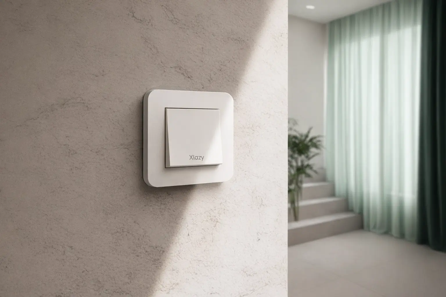 Xlazy brand smart wireless kinetic wall switch mounted on a minimal stone texture wall in a bright modern home interior.