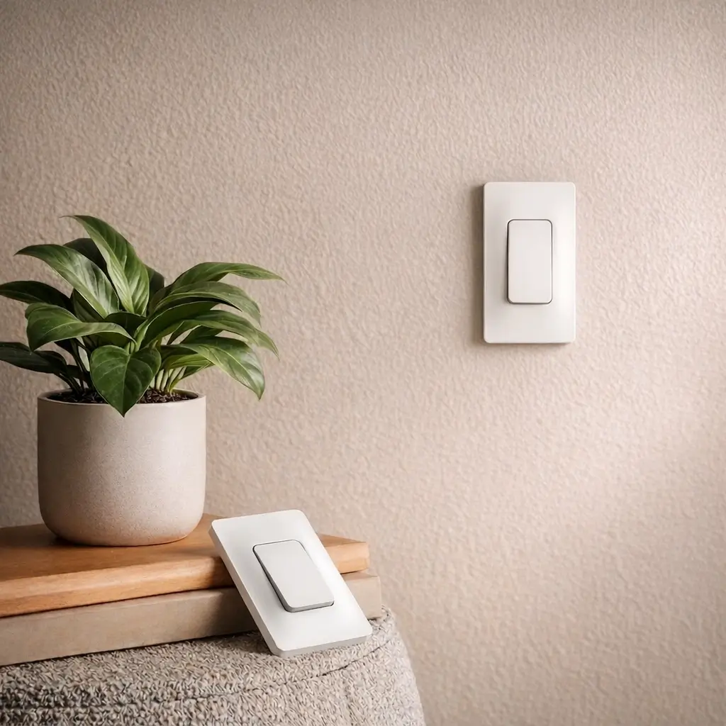 A white rectangular self-powered wireless light switch resting angled on a table, showcasing its sleek design and battery-free kinetic energy technology.
