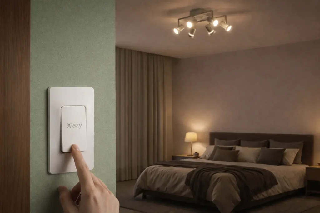 A finger pressing a white Xlazy battery-free kinetic wireless switch on a bedroom wall to control smart LED bulbs, featuring a minimalist sustainable home design.