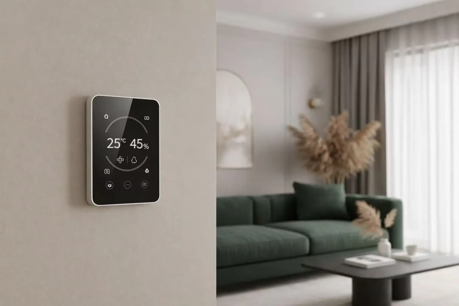 A sleek Xlazy wall-mounted climate monitor displaying temperature and humidity, set against a luxurious deep green sofa in a modern, sunlit living room.