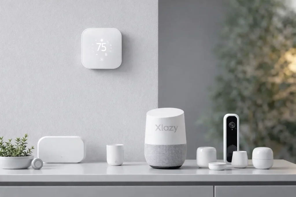 Xlazy smart home ecosystem featuring a laser-engraved Xlazy logo on a minimalist smart speaker and a white wall-mounted smart thermostat.