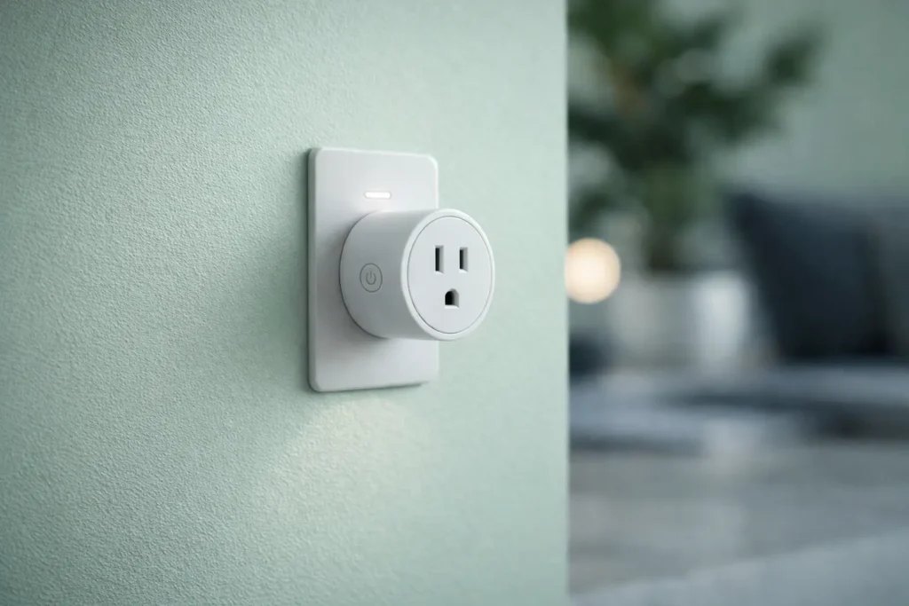 Minimalist wall-mounted smart light dimmer plug by Xlazyhome, designed to provide seamless lighting control for modern homes. This eco-friendly, energy-efficient smart plug integrates perfectly into a dark green interior, representing Xlazyhome’s commitment to sustainable, effortless home automation.