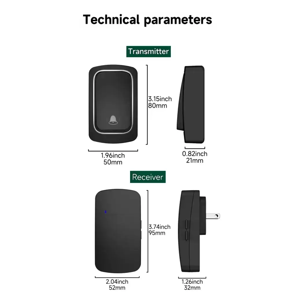 Technical dimension drawing of Xlazy QX-001 matte black square kinetic self-powered doorbell and its compact plug-in receiver.
