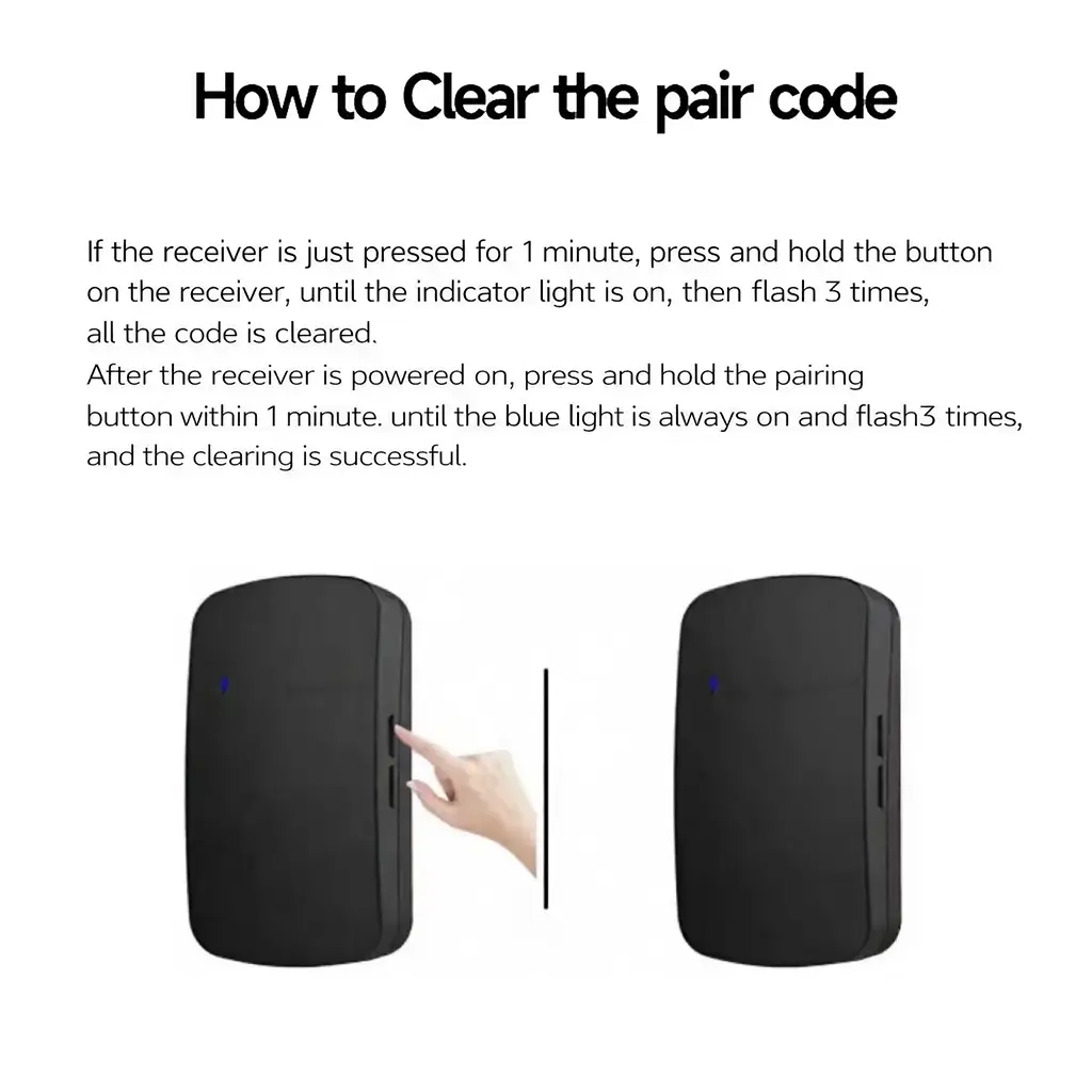Instructions for clearing the pairing code and performing a factory reset on the Xlazy QX-001 kinetic doorbell receiver.