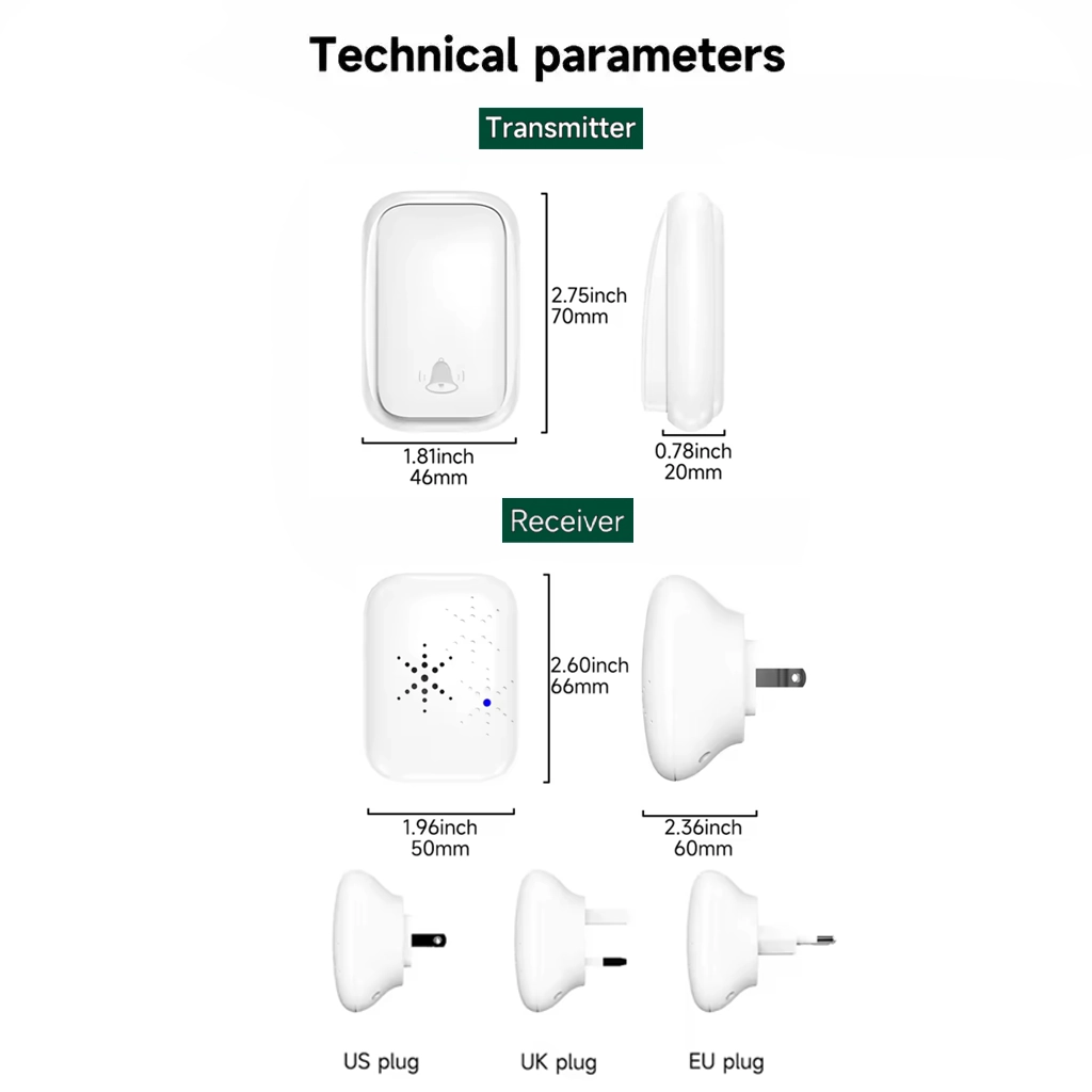 echnical drawing showing the dimensions of Xlazy QX-002 round kinetic doorbell transmitter and plug-in receiver.