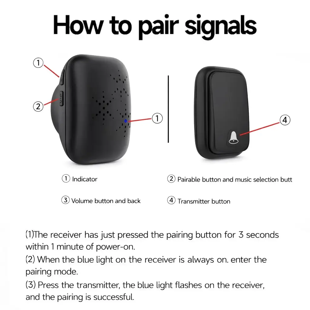 Step-by-step guide on how to pair the Xlazy QX-002 round kinetic doorbell transmitter with the receiver.