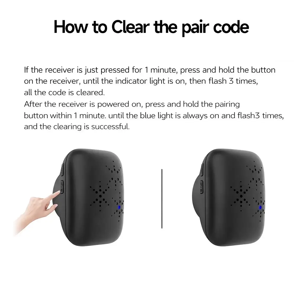 Instructions for clearing the pairing code and resetting the Xlazy QX-002 kinetic doorbell receiver.