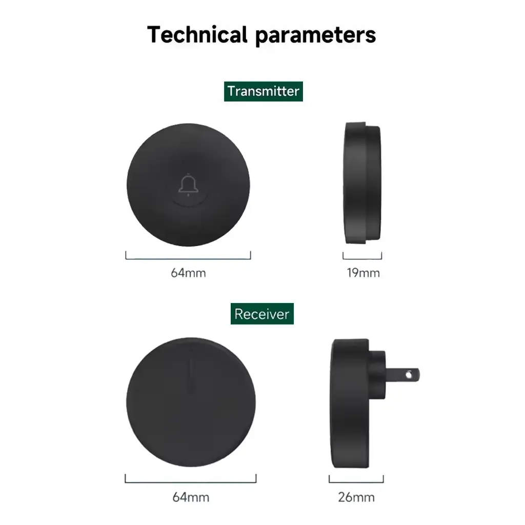 Technical size drawing of Xlazy QX-003N matte black kinetic self-powered doorbell transmitter and compact plug-in receiver.