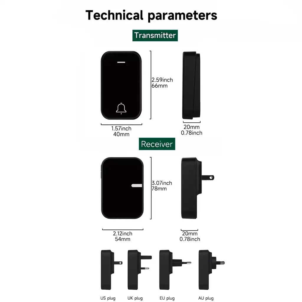 Technical dimension drawing of Xlazy QX-008 black cushion-shaped (soft-square) kinetic self-powered doorbell and its matching plug-in receiver.