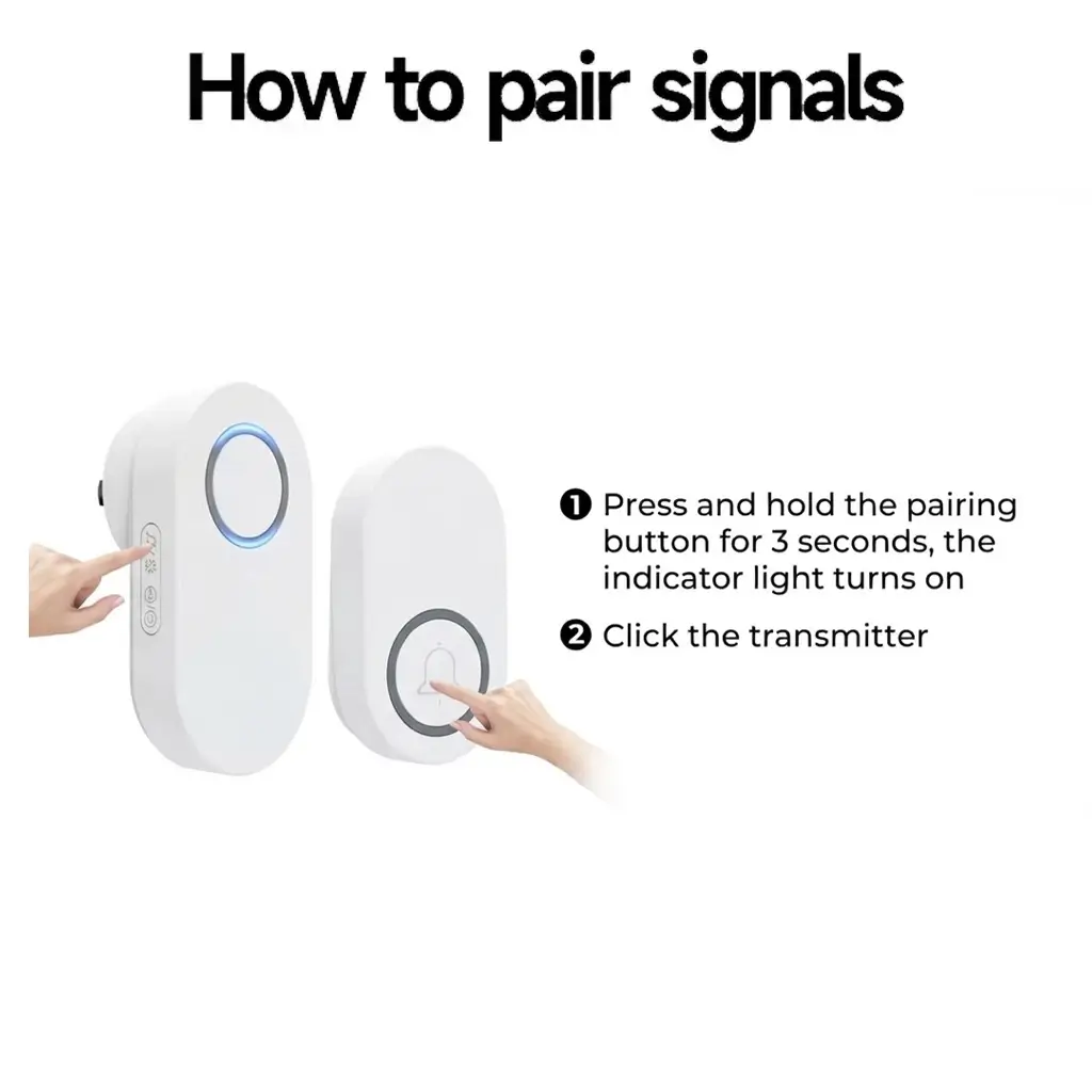 Illustrated 3-step guide for pairing the Xlazy QX-009 streamlined runway kinetic doorbell transmitter with its receiver.