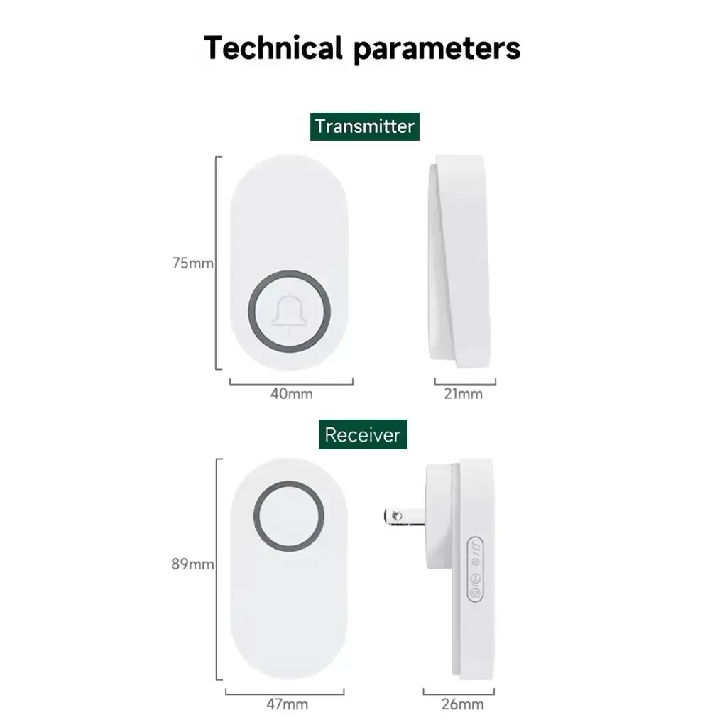 Technical dimension drawing of Xlazy QX-009 white streamlined runway-shaped kinetic self-powered doorbell and its plug-in receiver.
