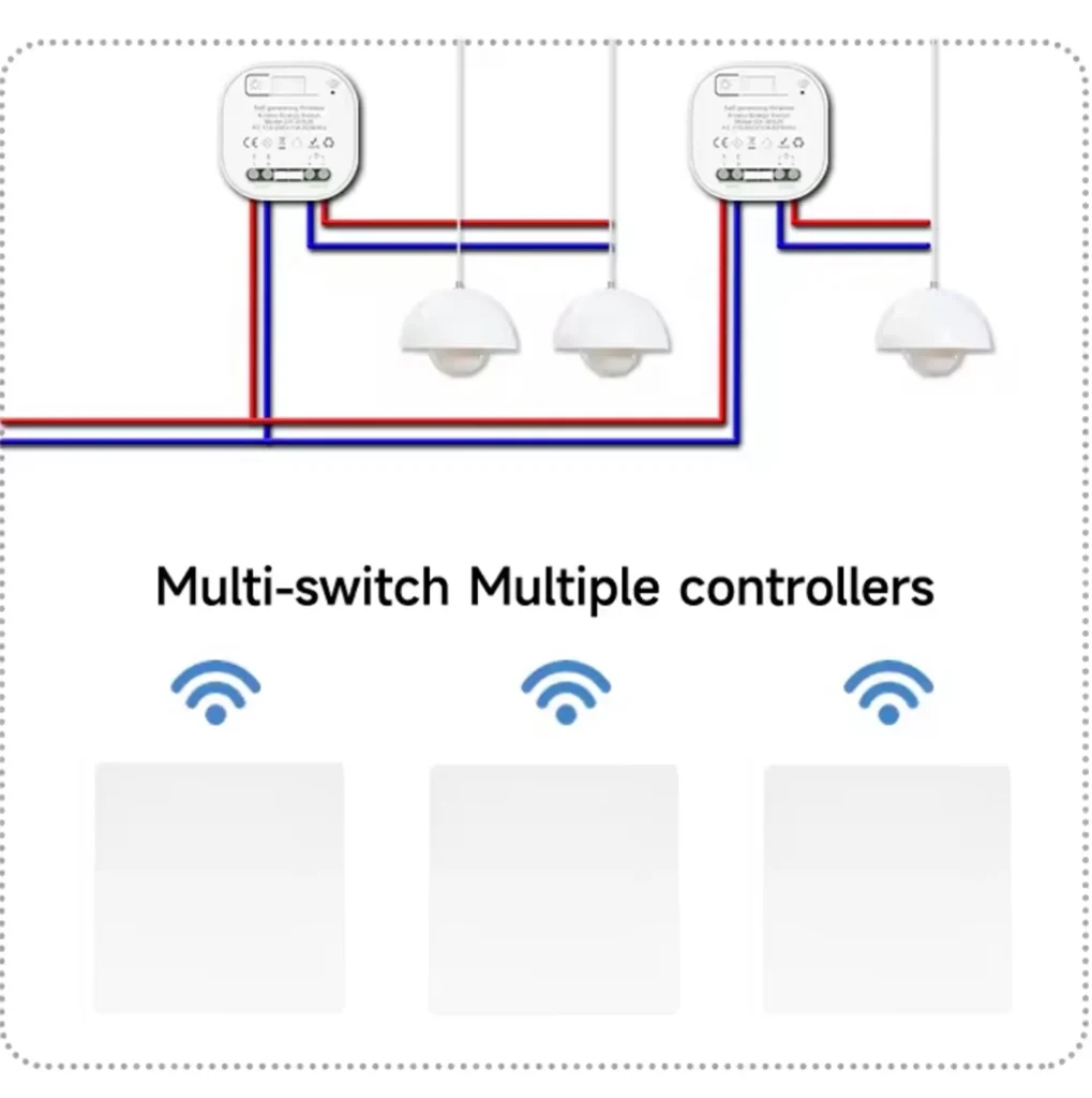 Wiring diagram for X-Lazy 305FS kinetic switch and 305JS receiver showing multi-switch multiple controllers pairing configuration