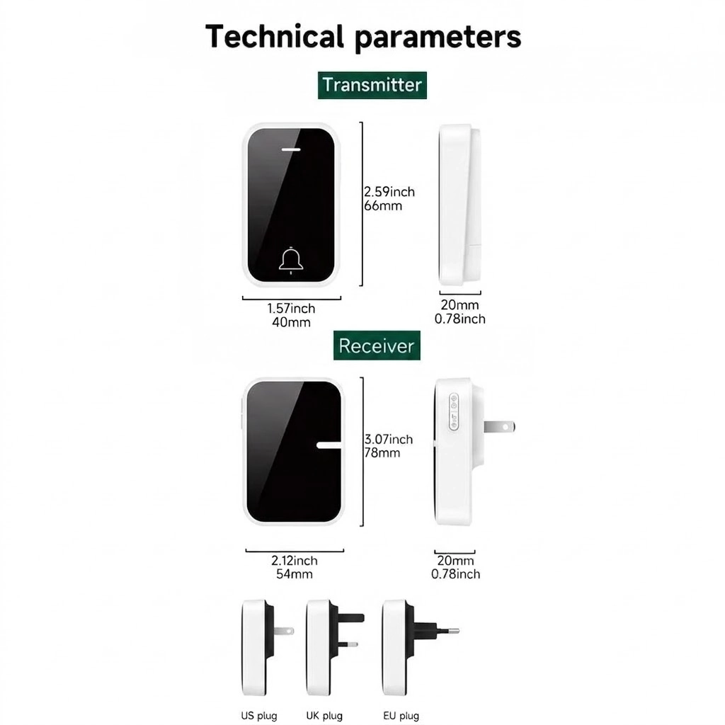 Technical parameters diagram showing dimensions of X-Lazy QX-008panda kinetic wireless doorbell transmitter and receiver with US, UK, EUplug options