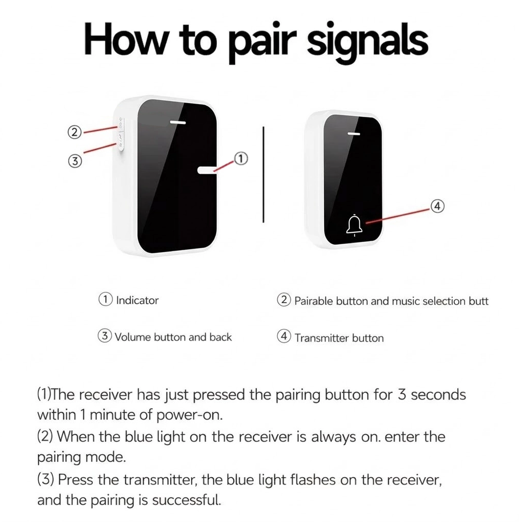 Step-by-step signal pairing guide diagram for X-Lazy QX-008panda kinetic self-powered wireless doorbell transmitter button and chime receiver