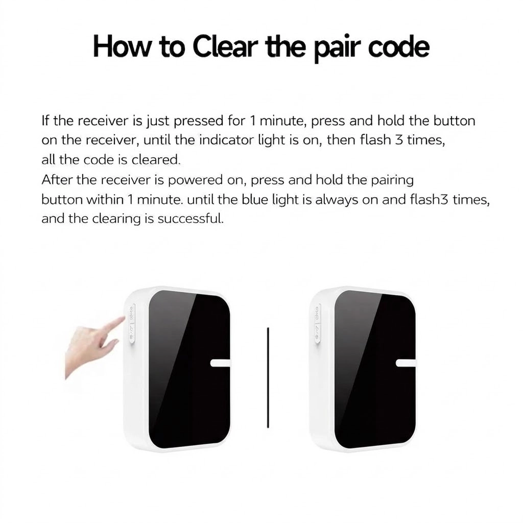 Instructions diagram for clearing pair code and resetting X-Lazy QX-008panda kinetic wireless doorbell receiver