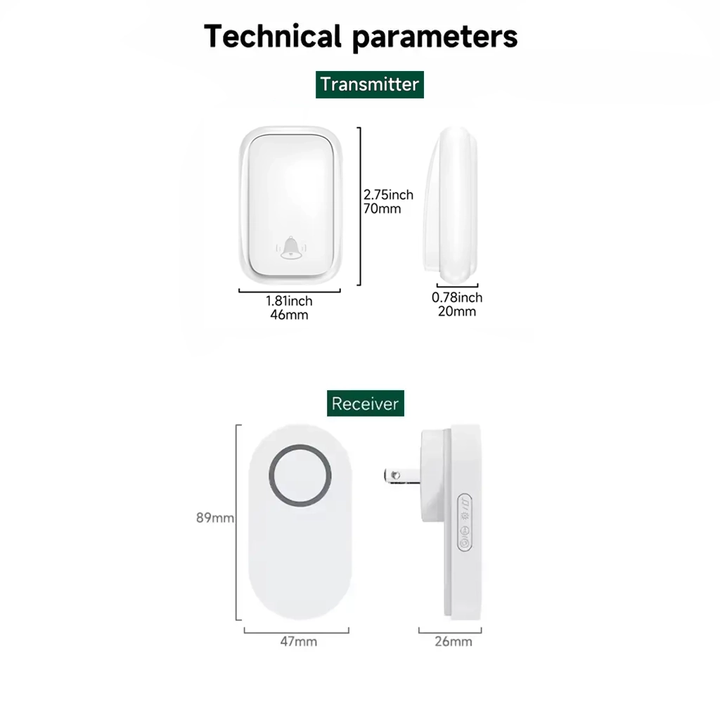 Technical parameters diagram showing dimensions of X-Lazy QX-002J9 kinetic wireless doorbell transmitter and receiver