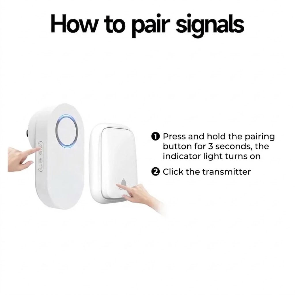 Step-by-step signal pairing guide diagram for X-Lazy QX-002J9 white runway kinetic self-powered wireless doorbell transmitter button and chime receiver