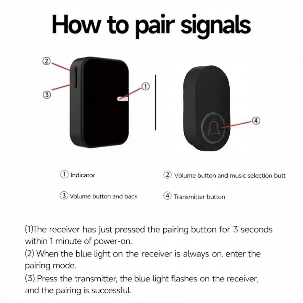 Step-by-step signal pairing guide diagram for X-Lazy QX-009J8 black runway kinetic self-powered wireless doorbell transmitter button and chime receiver