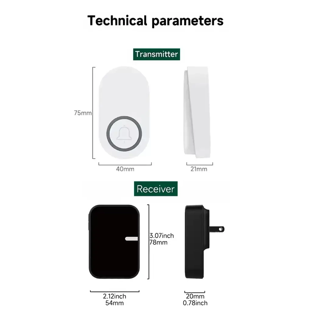 Technical parameters diagram showing dimensions of X-Lazy QX-009J8 kinetic wireless doorbell transmitter and receiver